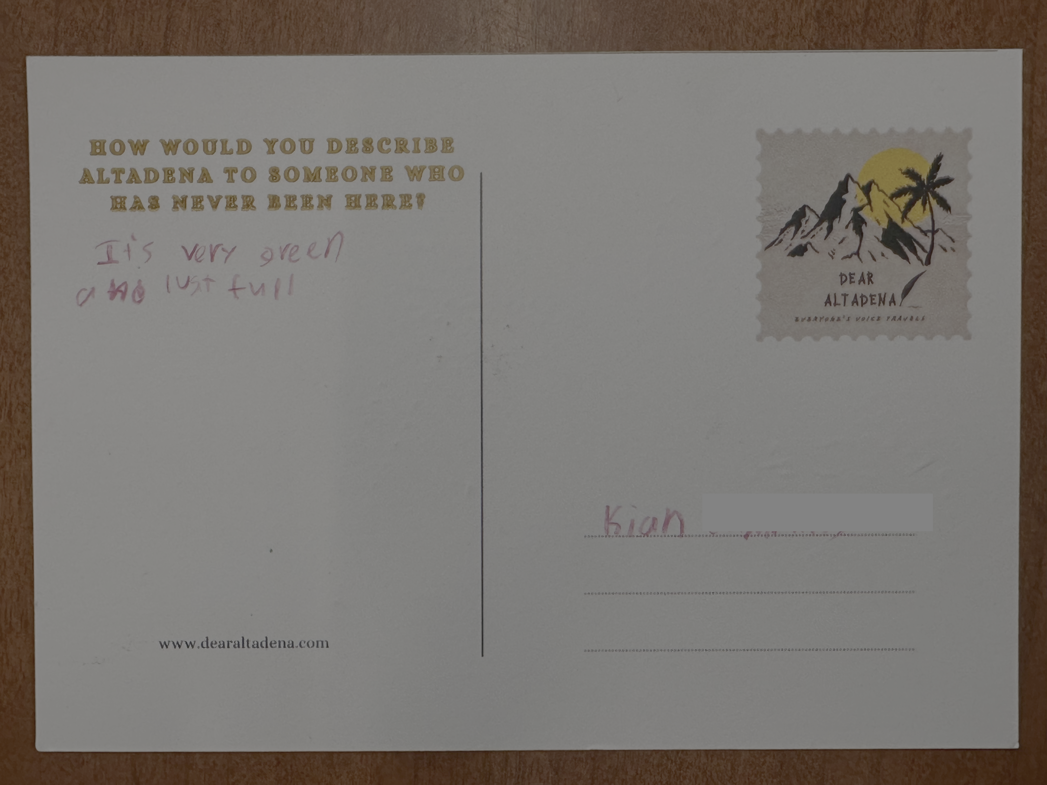 Dear Altadena Postcard 1